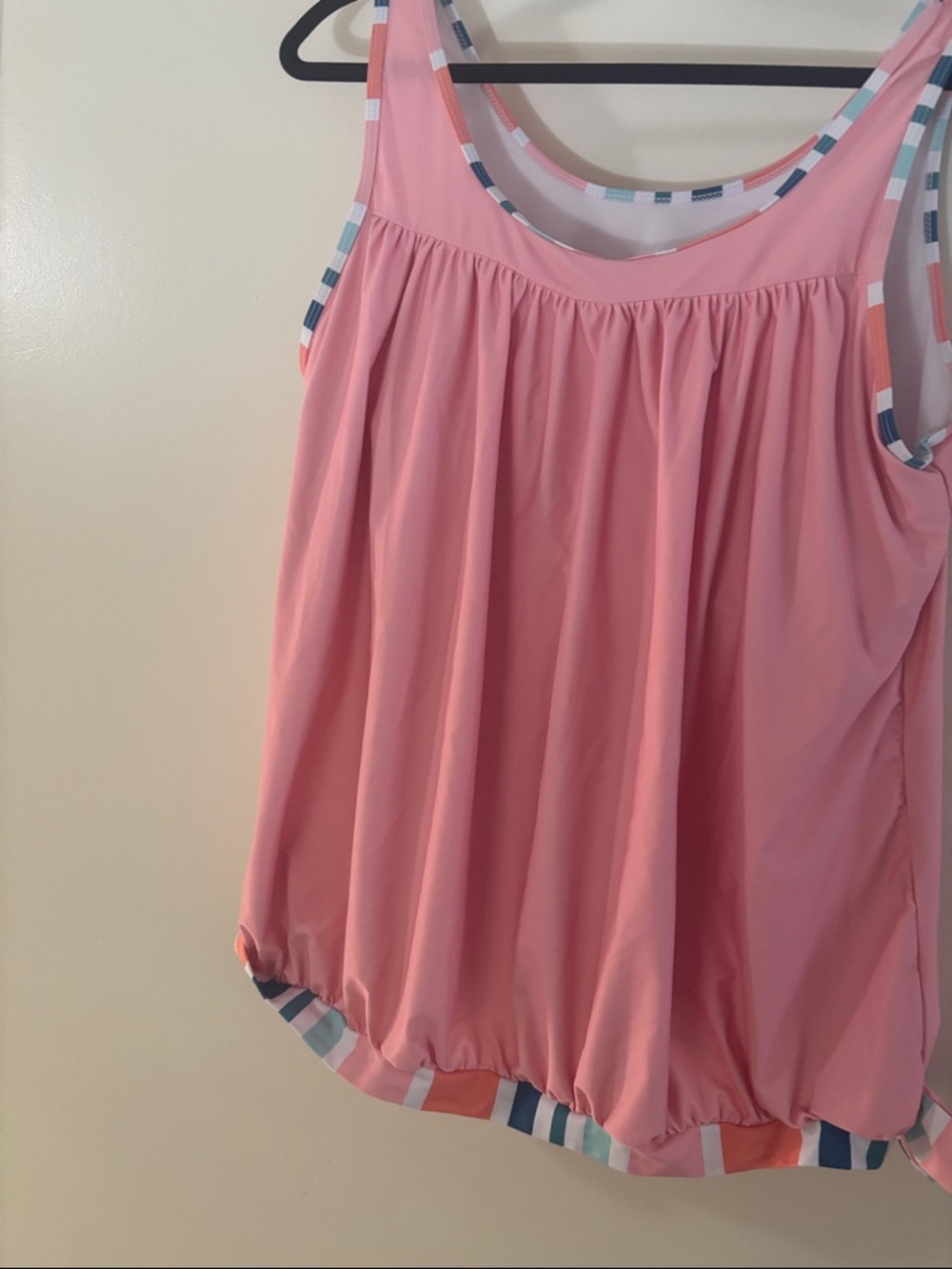 Pink Sleeveless Bubble Hem Tank with Striped Trim